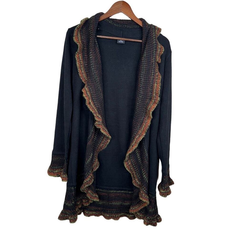 Tribal Women's M Black Ruffle Cardigan Sweater‎ Open Front Casual Fall